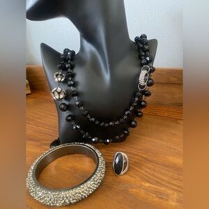 Elegant Black & Rhinestone double strand Beaded Necklace with rung & bracelet